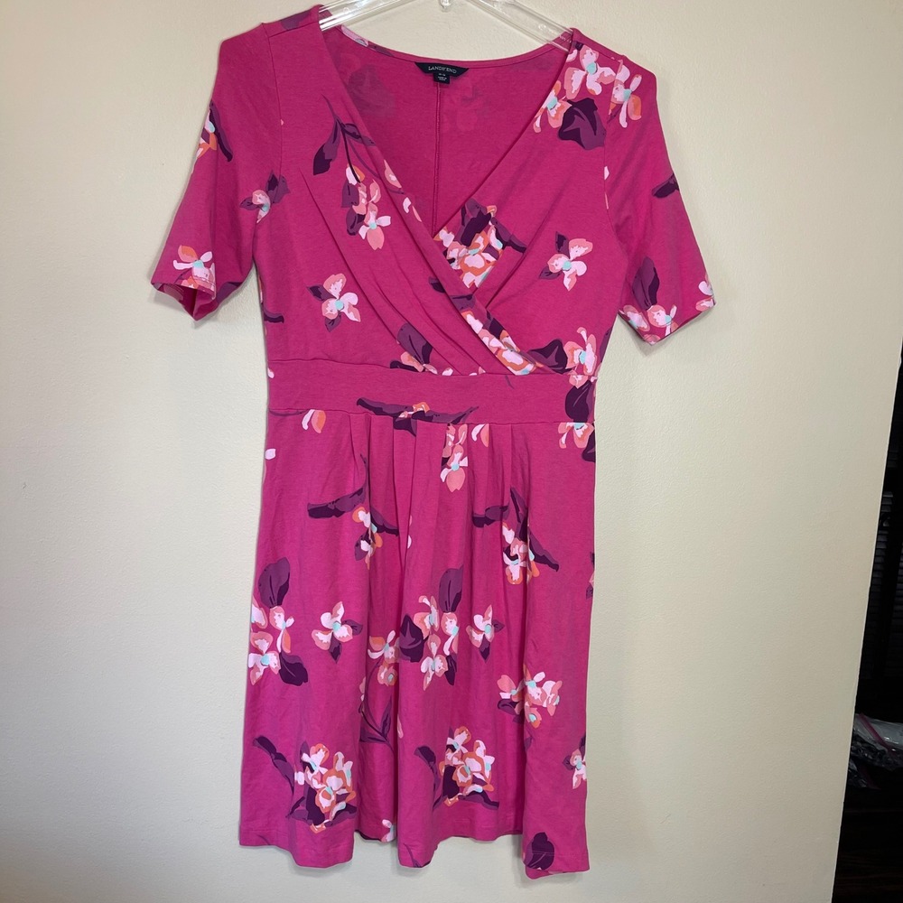 Lands End Pink Floral Faux Wrap Dress Short Sleeve V-Neck‎ Cotton Blend M 10-12